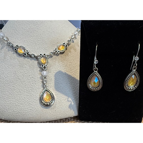 Avon Jewelry - Vintage Avon silver-tone Y-necklace and Pierced earring sets yellow Teardrop